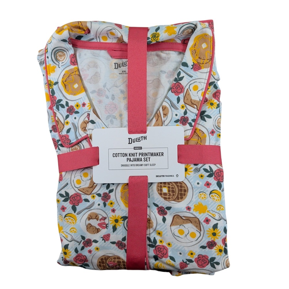 Duluth Trading Co Women XXL Cotton Knit Printmaker Pajama Set Breakfast Food